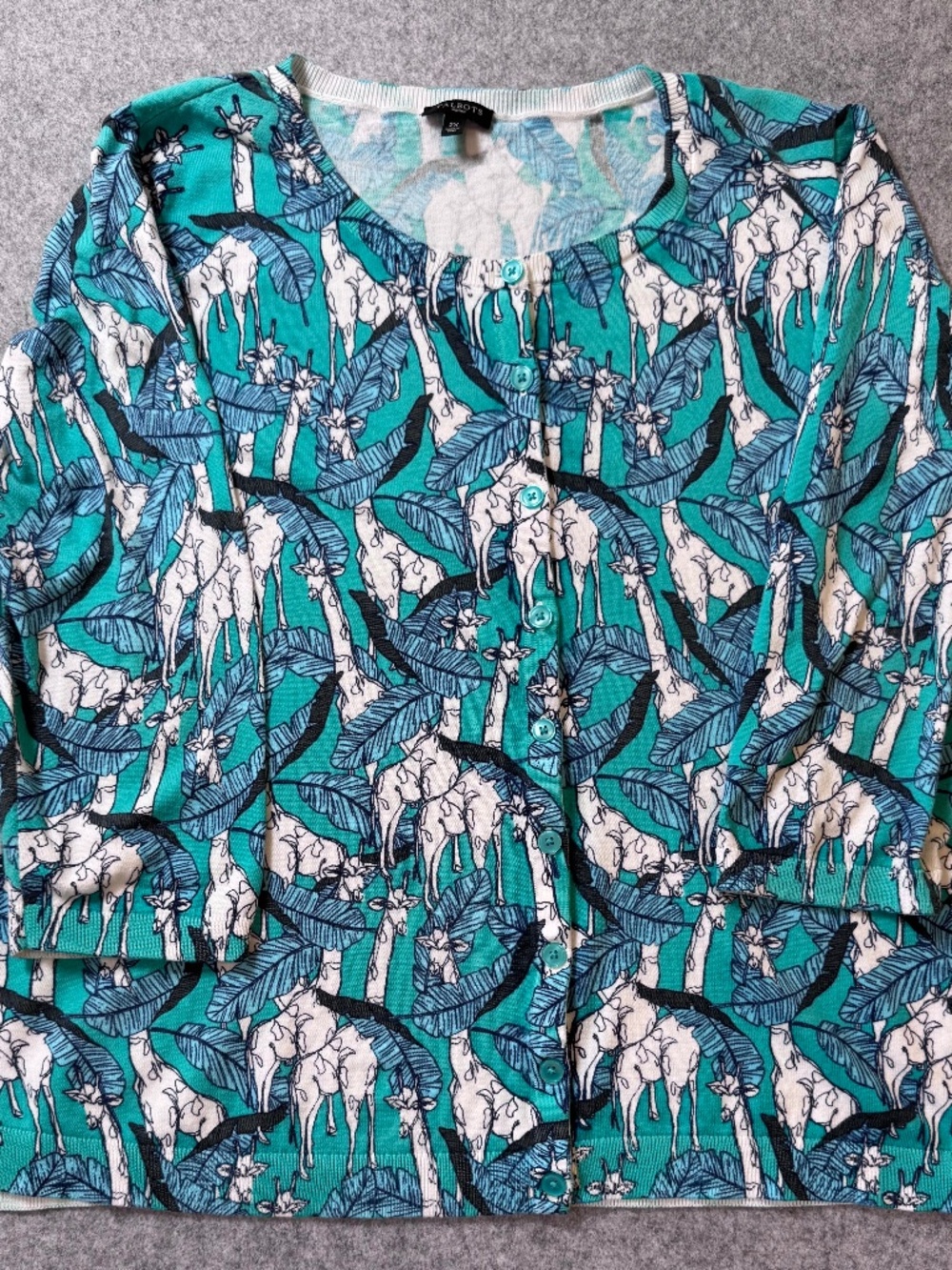 Talbots Woman 2X Giraffe Print Cardigan Sweater Tropical Teal Button Front